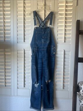 Celebrity Pink Distressed Dark Blue Denim Overalls